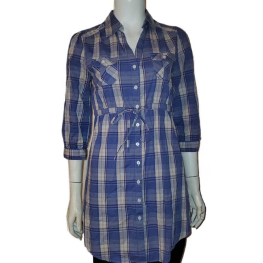 H&M Tunic Button Down Blue Plaid Dress || sz2 || Drawstring Waist 3/4 Sleeve 
